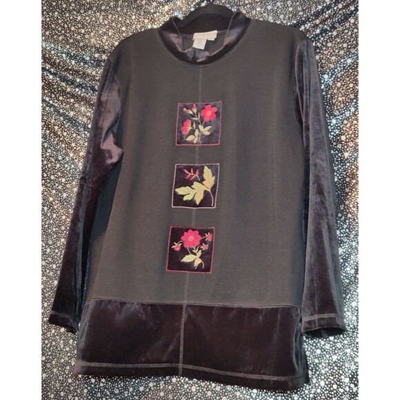 Coldwater Creek Womens Velvet‎ Floral Top Long Sleeve Black/Gray Size Medium - Picture 3 of 11